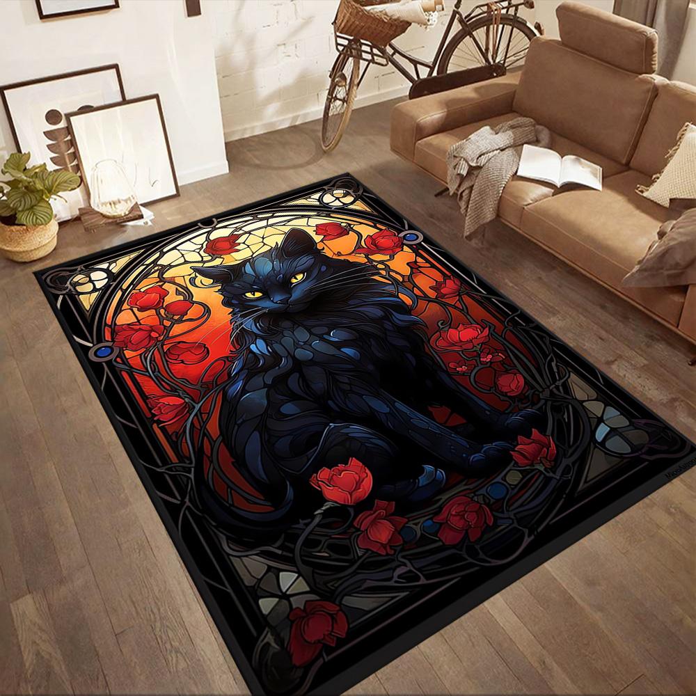 Black Cat In Stained Glass Floor Mats for Living Room, Bedroom and Room Decoration Are Suitable for Gifts.