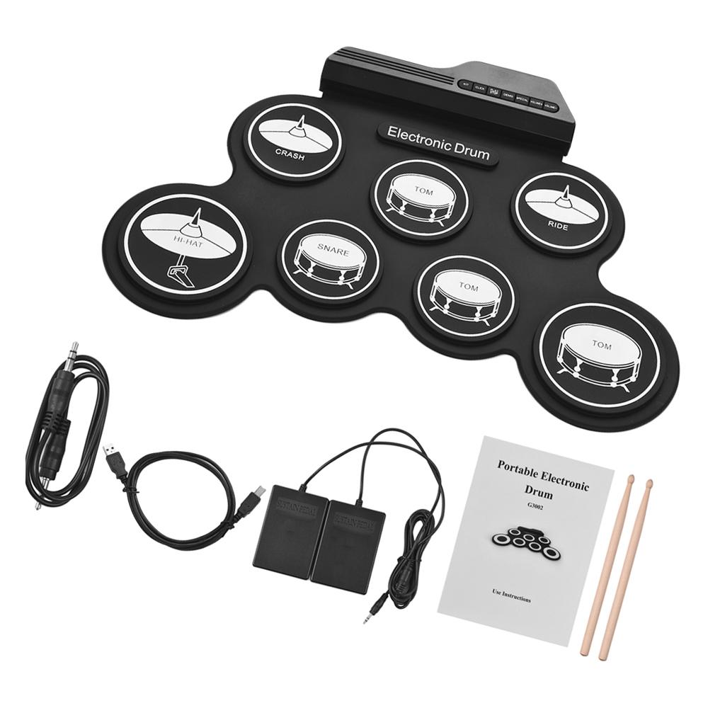 Compact Size USB Roll Up Silicon Drum Set Digital Electronic Drum Kit 7 Drum Pads with Drumsticks Foot Pedals for