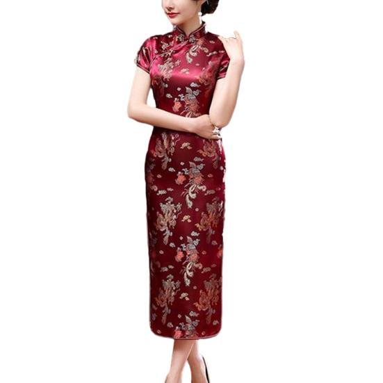 Women Dress Chinese National Style Floral Embroidery Stand Collar Short Sleeves High
