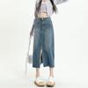 Jupe Midi Rétro en Denim à Taille Haute pour Femme avec Poches et Fente