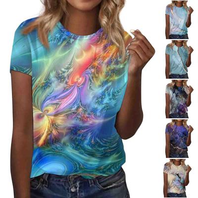 Women's Fashion Casual Short Sleeve Printed Round Neck Loose Pullover Top
