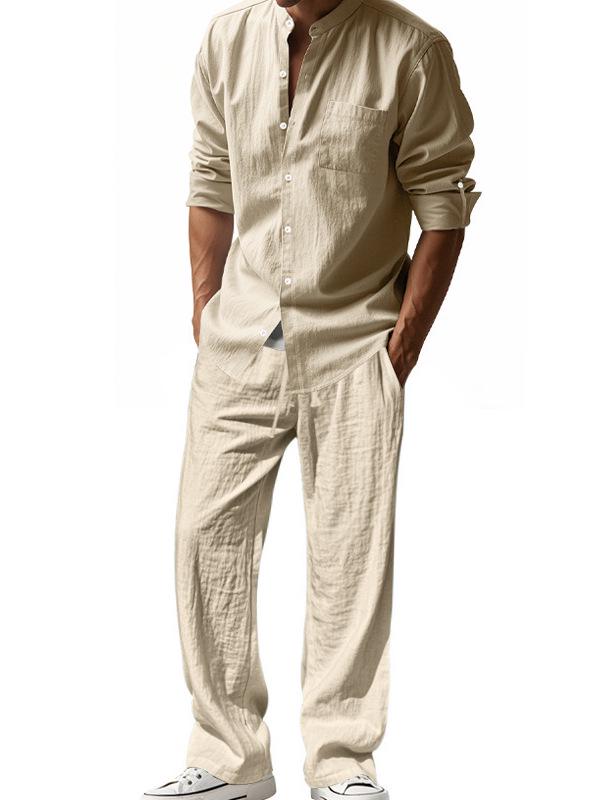 Men's Cotton Linen Two-Piece Set: Loose Long Sleeve Shirt & Pants for Spring/Autumn