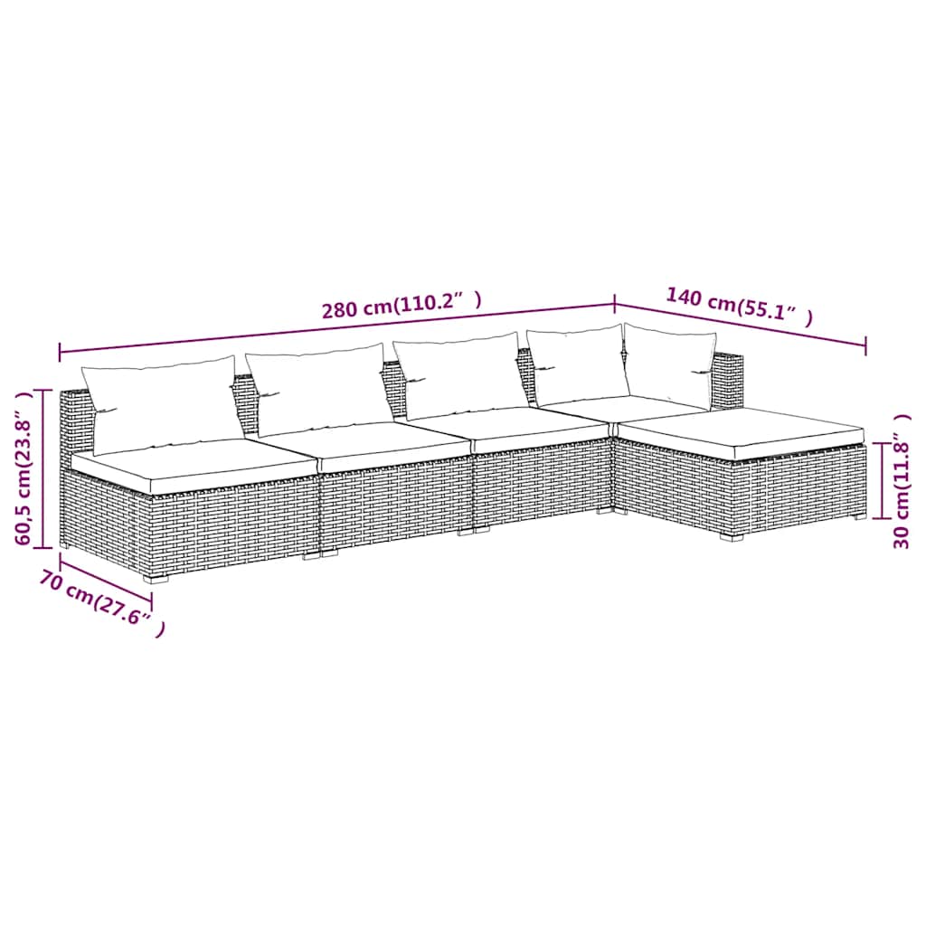 Vidaxl 5-Cz. Garden Lounge Set, Cushions, Polyrattan, Brown