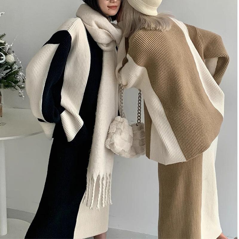 Two Piece Skirt Sets Women Sweaters Full Sleeve Thick Pullovers Splice Loose Casual Long Skirts A Line Knit Suits High Waist
