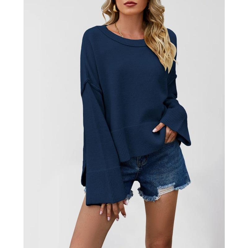 MGHR Women's Fashion Casual Solid Color Print Autumn Winter O-Neck Long Sleeve Loose Sweaters