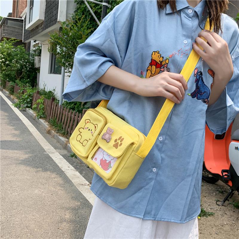Borsa Piccola in Tela alla Moda Giapponese Ins da Donna a Spalla Carina Divertente Personalità Ricamo Orso Ragazza Adolescente Studentessa Borsa a Tracolla Trasparente