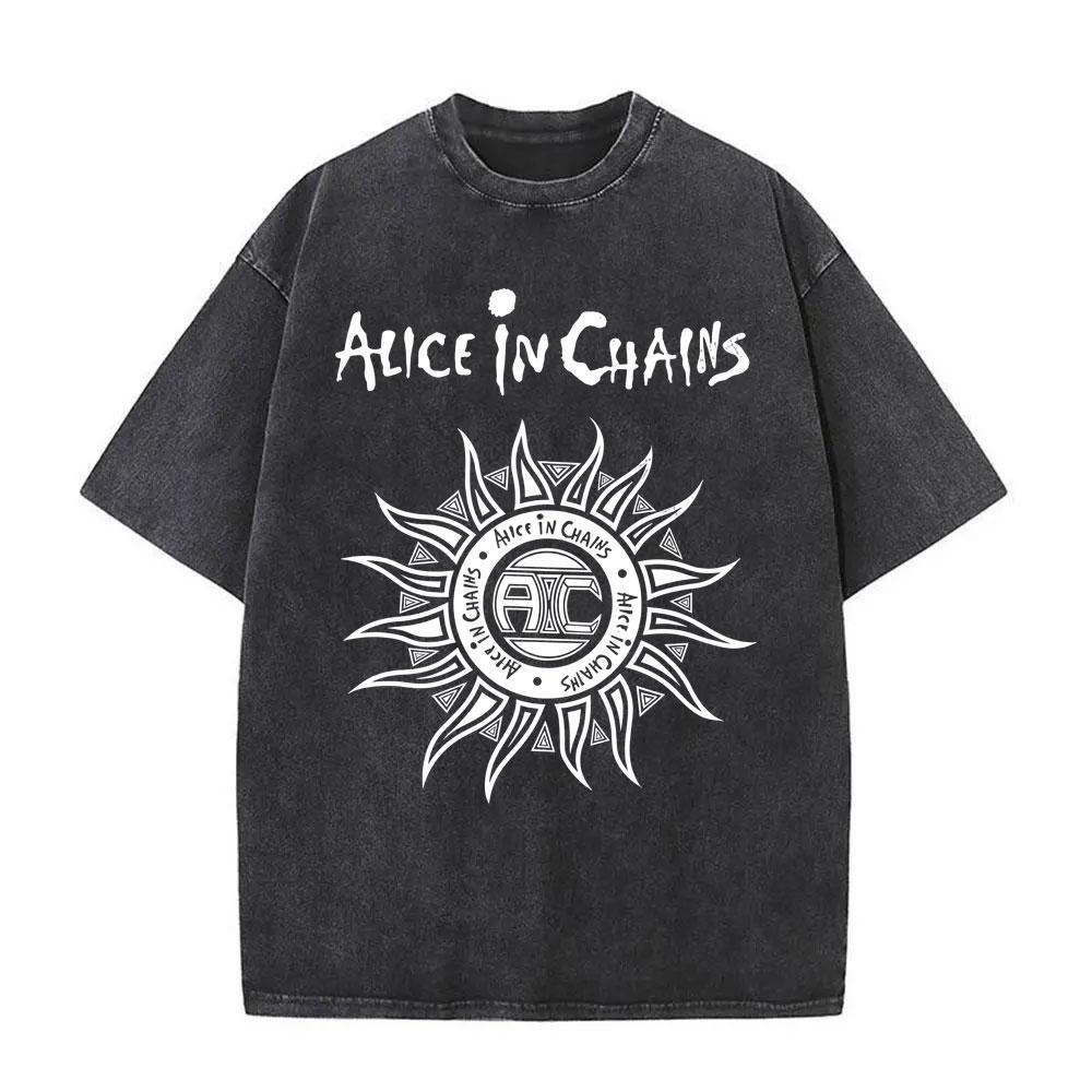 Washed Vintage Rock Band Alice in Chains Album Cover Graphic Print T-shirt Men's Women Gothic Punk Crewneck T Shirts