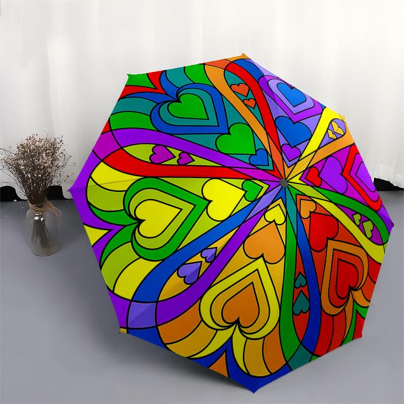 1pc Rainbow Heart Automatic Folding Umbrella - Portable 3-Fold Design, 8-Bone Iron Frame Outdoor Umbrella, Perfect Gift for Fans, Travelers, Daily Use
