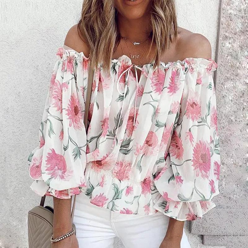 Summer Elegant Floral Print Loose Chiffon Top Women's Fashion Sexy Slash Neck Lace-up Off Shoulder Party Blouses Tops