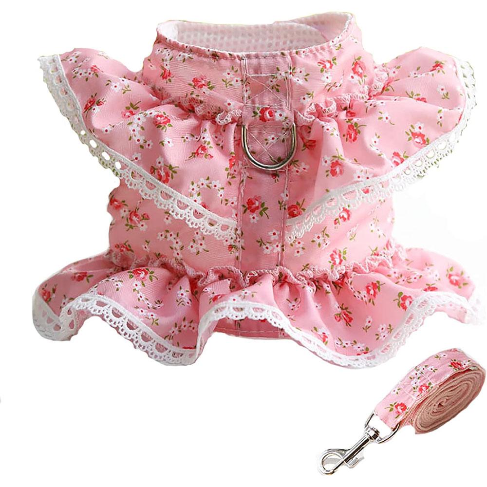 Puppy Dog Harness and Leash Set Pink Lace Floral Dog Vest Harness for Small Dog Cute Soft Mesh Escape Proof Pet Cat Vest Harness