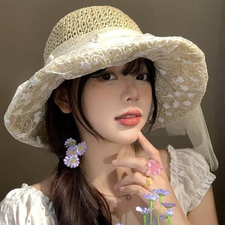 Hat Women's Spring and Summer Versatile Big Brim Straw Hat Summer Seaside Bucket Hat Face Small Sunscreen Hat Sun Hat