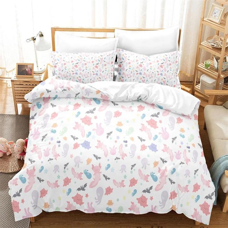 Kawaii Animal Axolotl Print Bedding Set Single Twin Full Queen King Size Bed Set Aldult Kid Bedroom Duvetcover Set 3D Anime
