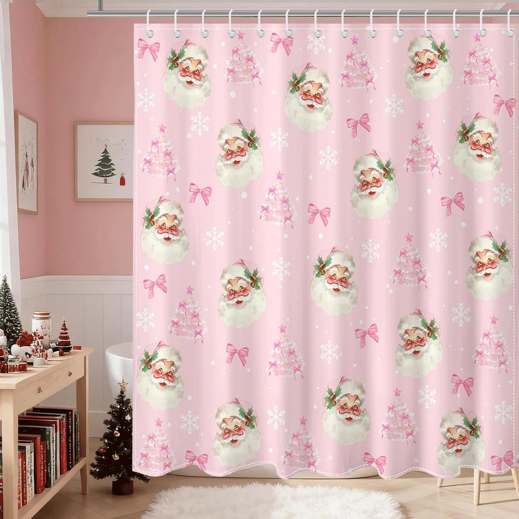 Christmas Shower Curtain For Bathroom Pink Bow Santa Claus Shower Curtain Winter Snowflake Xmas Tree For Christmas Bathroom