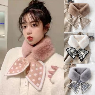 2022 Winter Faux Fur Scarf Women Scarves Wool Stitching Faux Rabbit Fur Cross Plush Snood Fur Collar Cute Girl Scarfs for Ladies Keep Warm