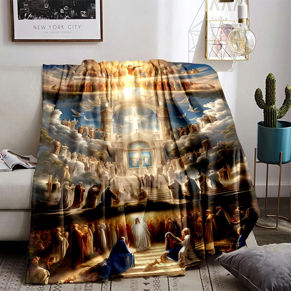 Heavenly Scene with Angels and SaintsFlannel Blanket for Bedroom, Living Room, Sofa, and Nap