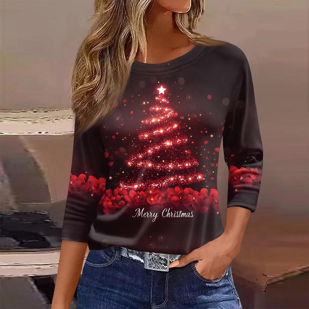 Women's T Shirt Christmas Print 3/4 Sleeve Daily Weekend Fashion Basic Round Neck Regular Top