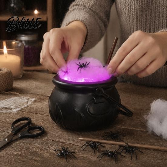 Fairy Tale Magic Props Light Up Witch Cauldron DIY Set Halloween Glowing Black Plastic Bowl with Spiders Smoke Effect Decoration Spooky Hocus Pocus