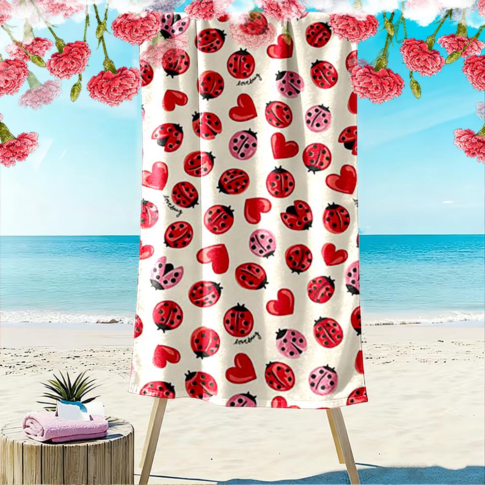 Cute Ladybugs and Hearts Pattern Beach Towel Quick-drying for Travel Outdoor Sports Jogging Beach and Swimming