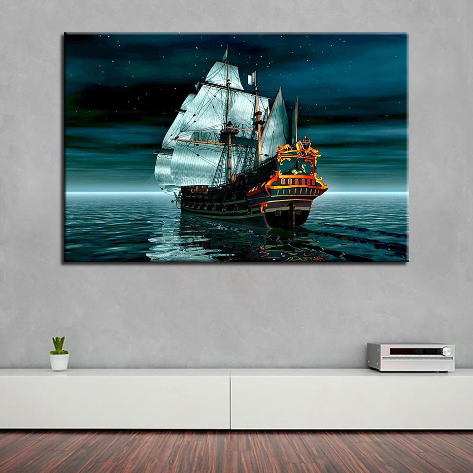 Sailing Boat Sunrise Canvas Painting Sea Night View Modular Landscape Posters and Prints Wall Art Pictures Home Decor No Frame