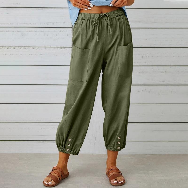 Spring and Summer Loose-fitting High-waist Button Cotton and Linen Pants Nine-point Pants Wide-leg Women's Pants