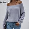 Women's Strapless Big Size Loose Knit Sweater Autumn and Winter One-line Collar Solid Colour Pullover Jumper
