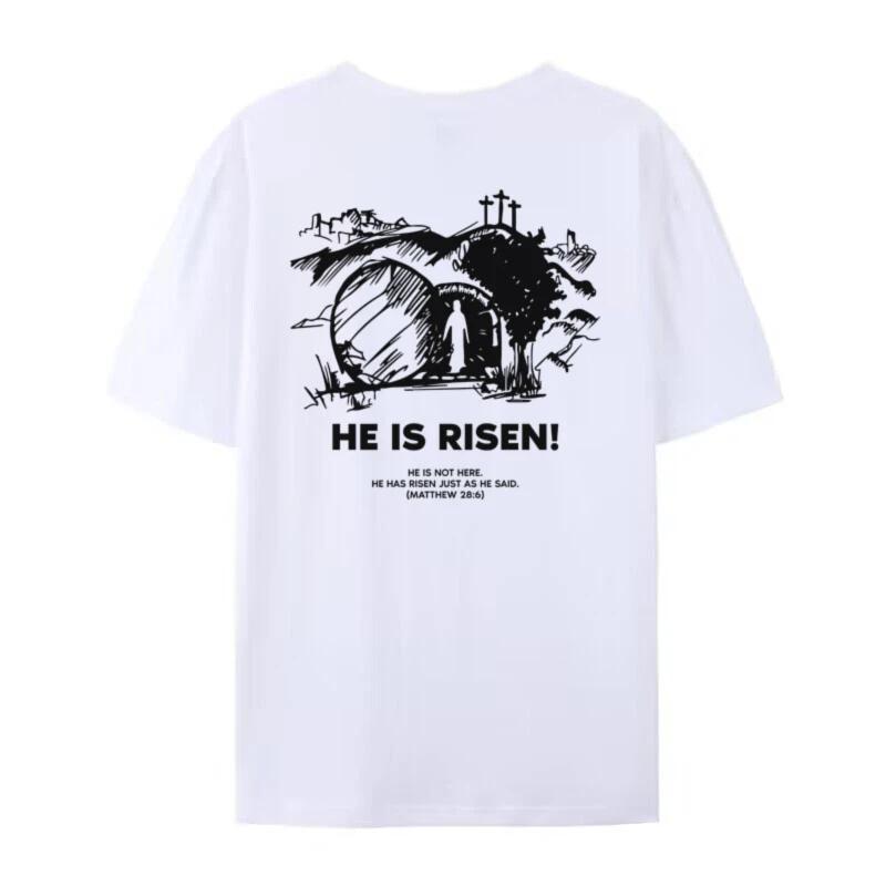 He Is Risen Back Print Womens Christian TShirts Vintage Bible Verse TShirts Unisex Easter Tees Jesus Religious Tops