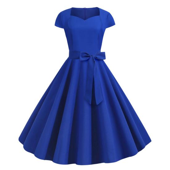 Women Dress V Neck Belted Bow Decor A-line Big Swing Tight High Waist Solid Color Retro Short Sleeve Princess Style Lady Midi Dress
