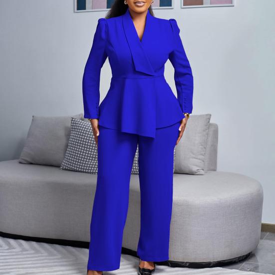 Womens Plus Size 2 Piece Outfits Long Sleeve Ruffle Irregular Hem Blazer Pants Set Business Suit Office Work Set