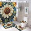 Bathroom Curtain And Rug Set, Sunflower Pattern Printed On Shower Curtain And Bath Mat Set, Designed For Farmhouse Contemporary