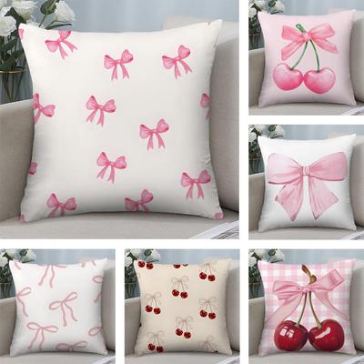 Roze Strik Kersen Kussenhoes Zacht Pluche Stof Dubbelzijdig Bedrukt Bankkussenhoes voor Alle Seizoenen Woondecoratie Cadeau