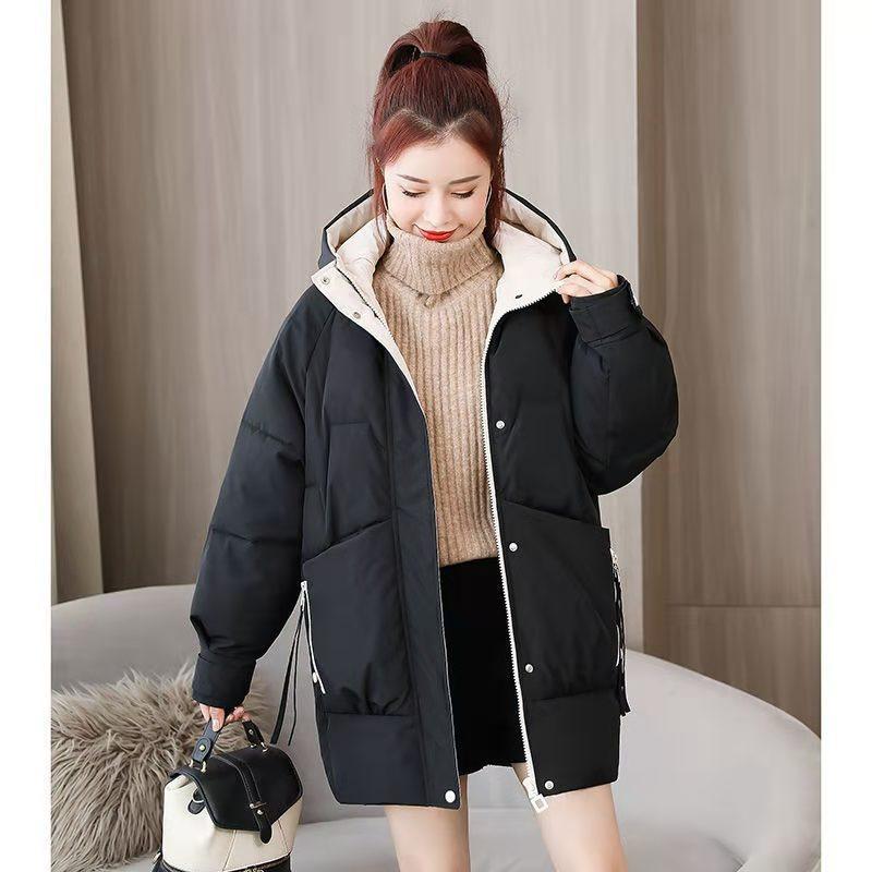 Down Padded Jacket Women's Mid-length Hooded Loose Large Pockets Loose Thick Padded Jacket Jacket Windproof