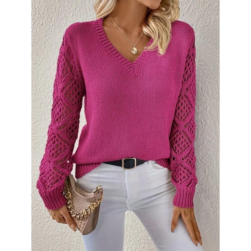 Women's Autumn and Winter Knitted Hollowed-out Long-sleeved V-neck Pullover Sweater