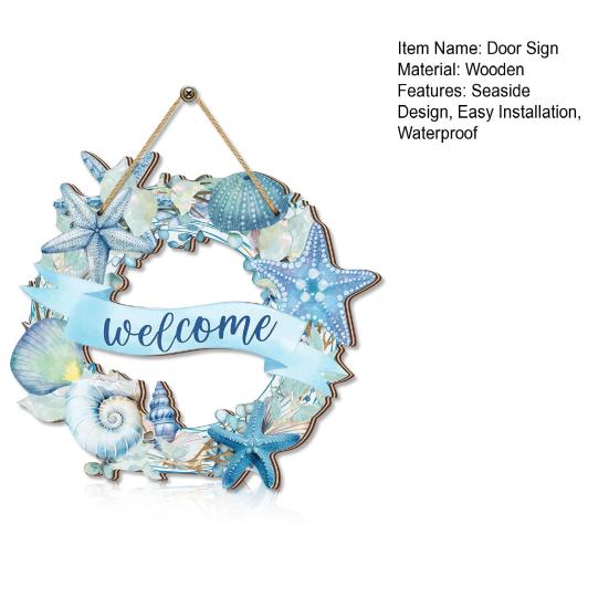 Yousheng Door Sign Watercolor Starfish Seashells Design Wooden Beach Decor with Hanging Rope Waterproof Outdoor Indoor Seaside Entrance Sign Home