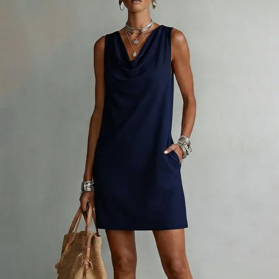 Women's Summer Sleeveless Dress Cowl Neck Mini Tank Dress Casual Travel Vacation Sundress with Pockets