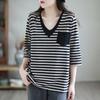 Spring and Autumn Women's Pullover V-neck Three Quarter Solid Pocket Stripe Patch Loose Young Style Fashion Casual T-shirt Tops