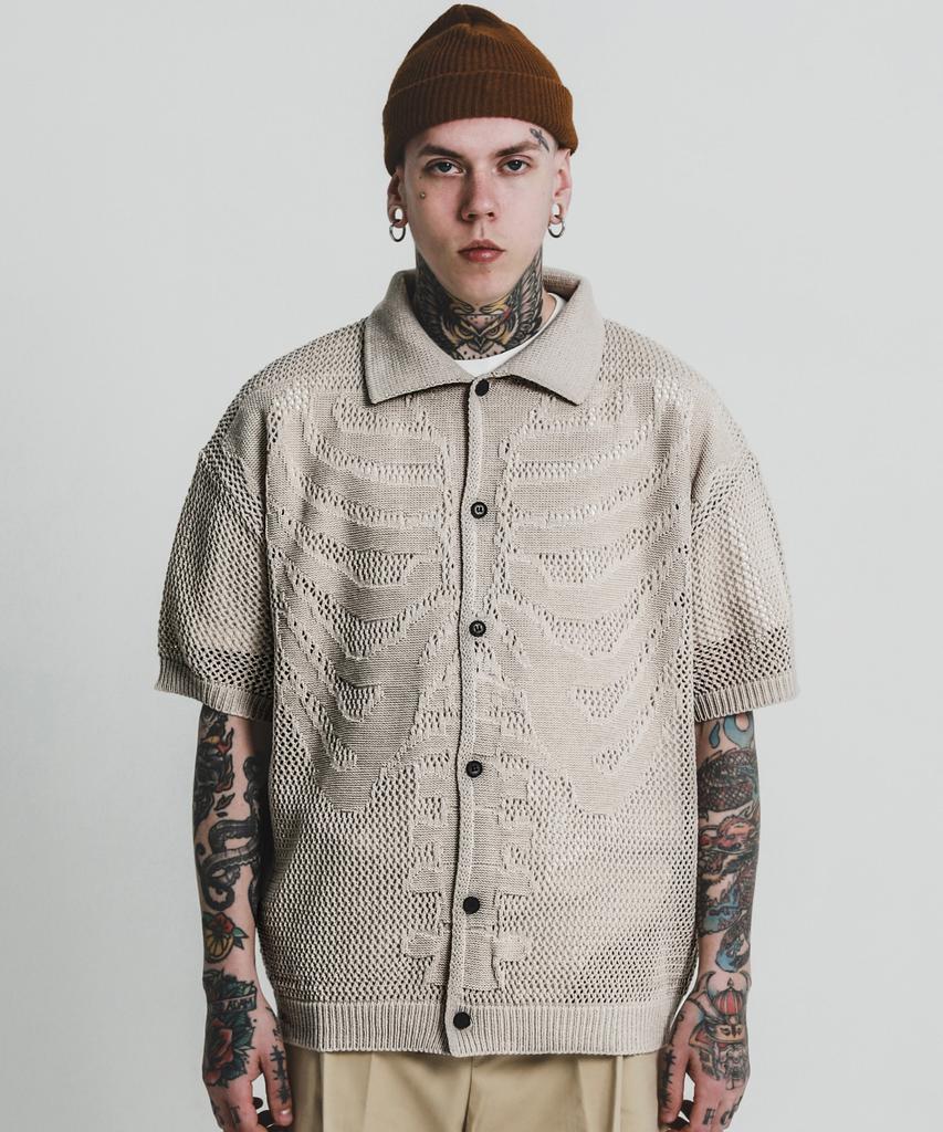 Stage Name Skeleton Short Sleeve Knit Shirt Cardigan_Sand Beige