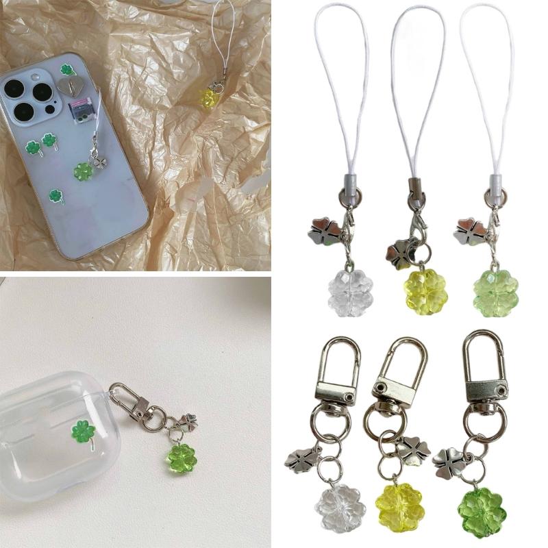 Handmade Four Leaf Clovers Phone Charm Stylish Phone Chain Mobile Accessory Portable Keychain for Trendy Women Ladies