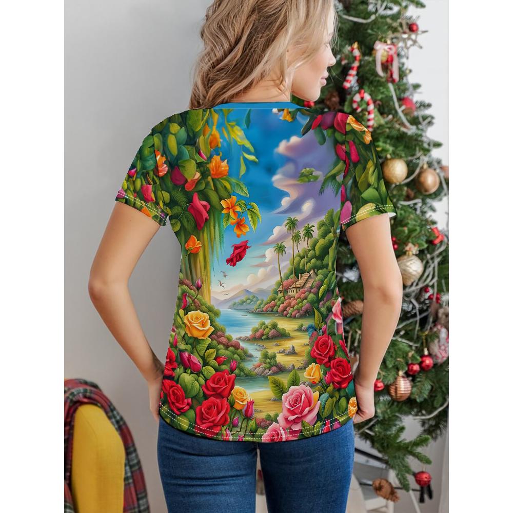 Flower World Print T-shirt, Casual Crew Neck Short Sleeve Top For Spring & Summer, Women's Clothing