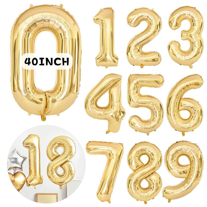 1PCS 40 Inch Large White Gold Light Gold Digital Foil Balloon for Girls' Birthdays Helium Big Number0-9 Balloon Decoration