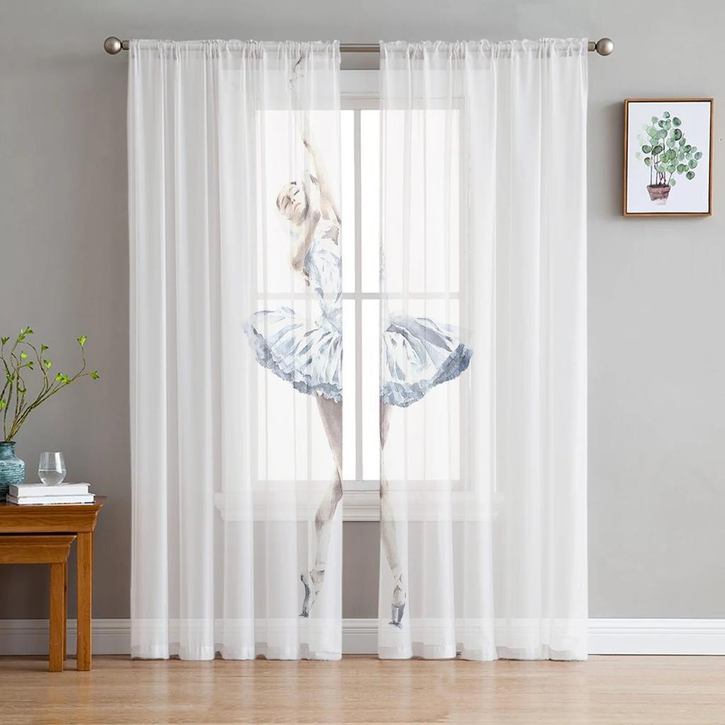 Ballet Dancer Girl Pink Flower Sheer Curtains Window Curtains for Living Room Bedroom Blinds Kids Room Home Decor