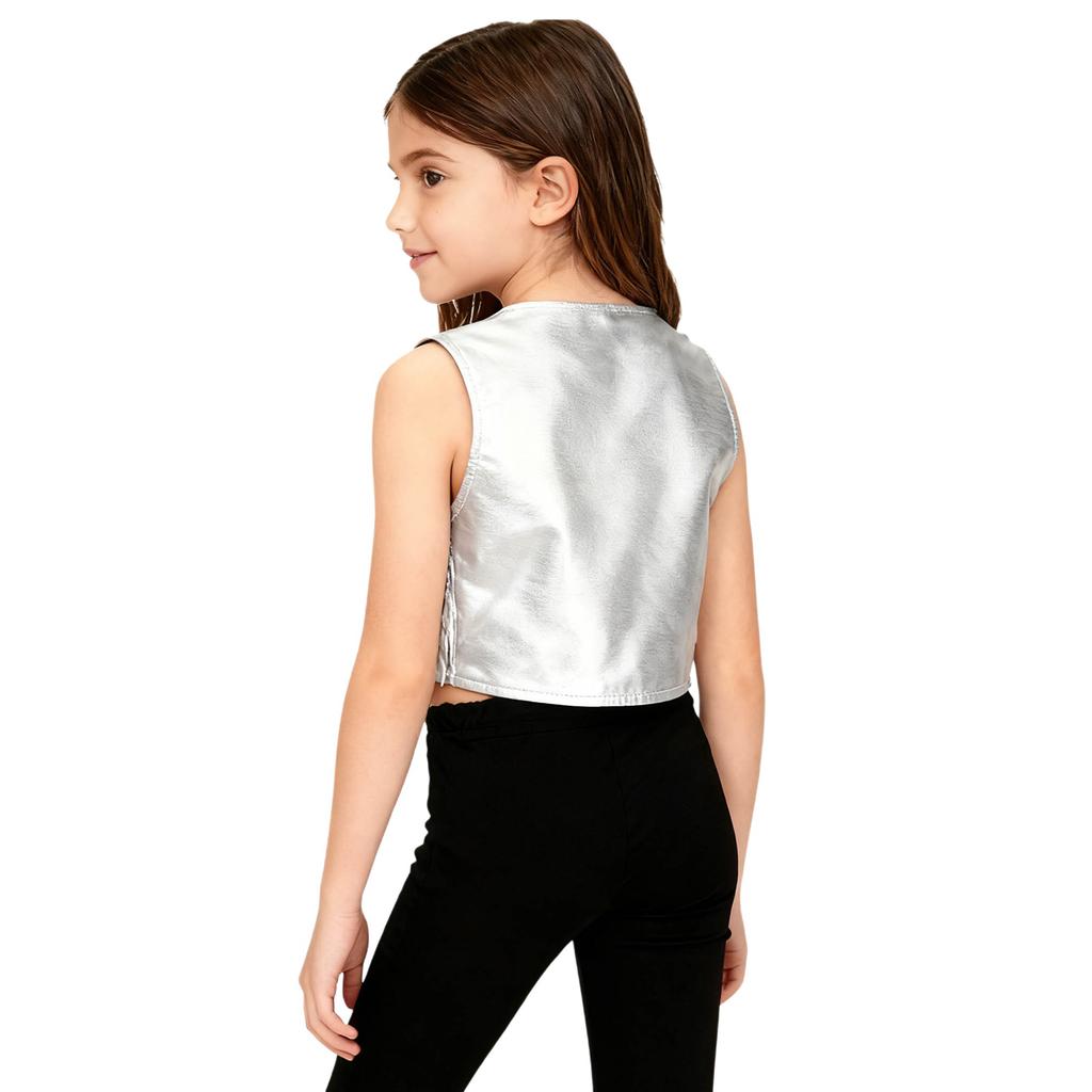 Haut de scène disco rétro années 70 pour filles Brillant métallique Paillettes Sans manches Col rond Franges sur la poitrine pour Fêtes à thème Performance Cosplay