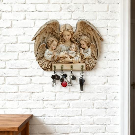 Wall Mount Key Holder Wooden Carving Jesus Themed Key Organizer Multi-purpose Home Office Entryway