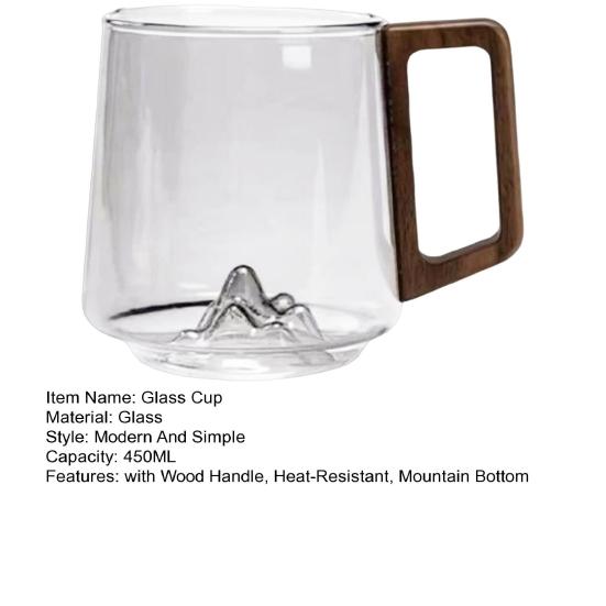 450ML Vintage Glass Cup with Wood Handle Heat-Resistant Mountain Bottom Clear Coffee Mug Large Capacity Tea Milk Water Drinking Cup