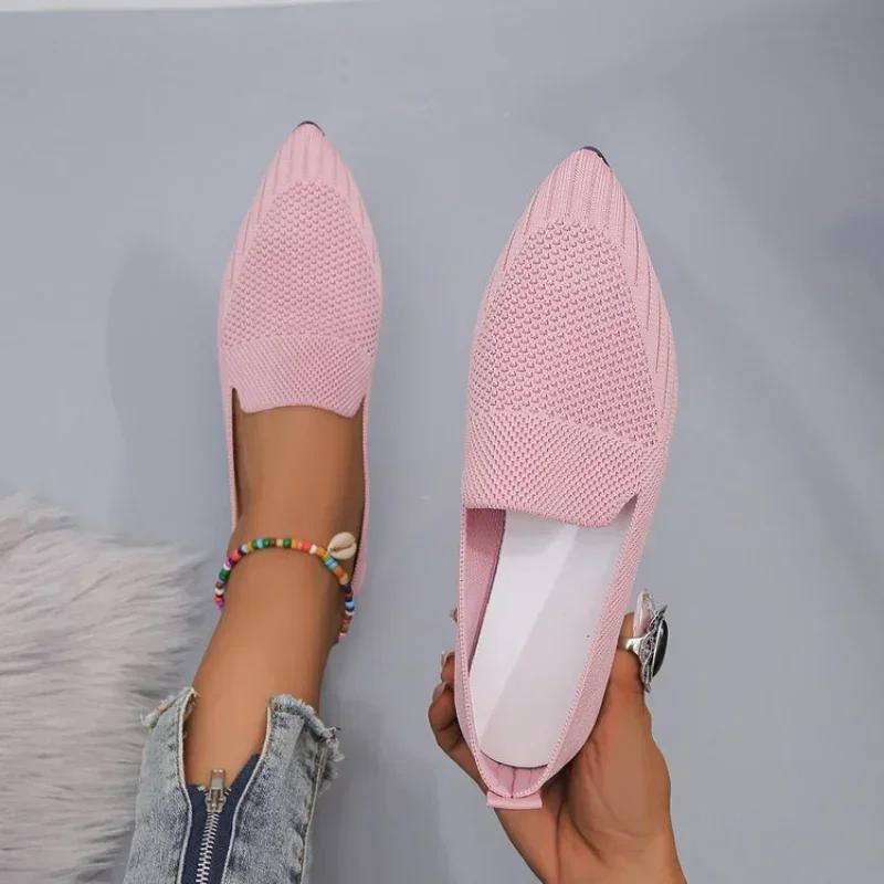 Women Flat Shoes Pointed Toe Solid Color Knitted Slip On Ladies Shoes Casual Breathable Ballet Women Flat Shoes Loafers Women