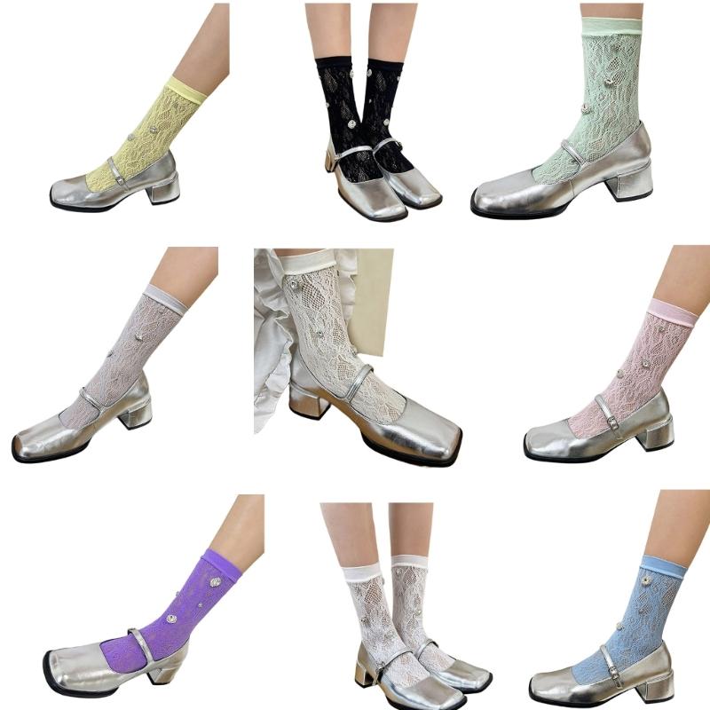 Women's Crew Socks Sweet Crystal Ankle Socks Cute Princesses Ankle Dress Socks Sheer Lace Socks Summer Calf Socks Gift