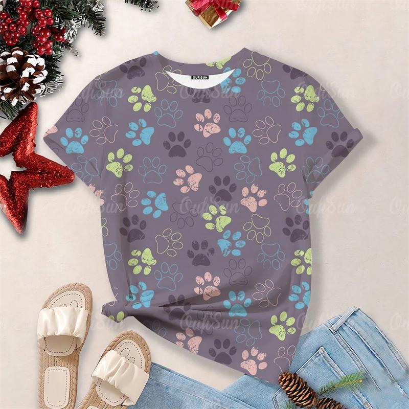 Neue Damenbekleidung Sommer Mode Kurzärmel Katze und Hund Pfotenabdruck Mädchen T-Shirt Bluse Niedliche Hundepfote Ästhetische Oberteile Frau 4XL