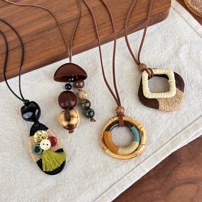 Trendy Boho Hollow Wood Chunky Geometry Bamboo Joint Pendant Long Adjustable Rope Sweater Chain Necklace For Women Charms Jewely