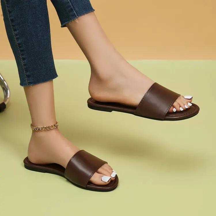 Summer Women Slippers Leather Square Toe Women Flats Flip Flops Designer Ladies Slides Sandals Women Shoes Luxury Sandals