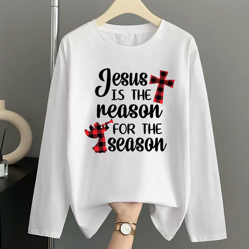 (Asian Size) Christmas New Year Graphic Tee Women Autumn Winter Spring Casual Fashion Top O-neck Clothing Print T Shirt Long Sleeve T-shirts