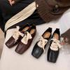 Cowhide Version~ Retro Literary Square Head Small Leather Shoes High Sense Thick Heel Front Lace-up Outside Wear Temperament Leather Single Shoes Wo